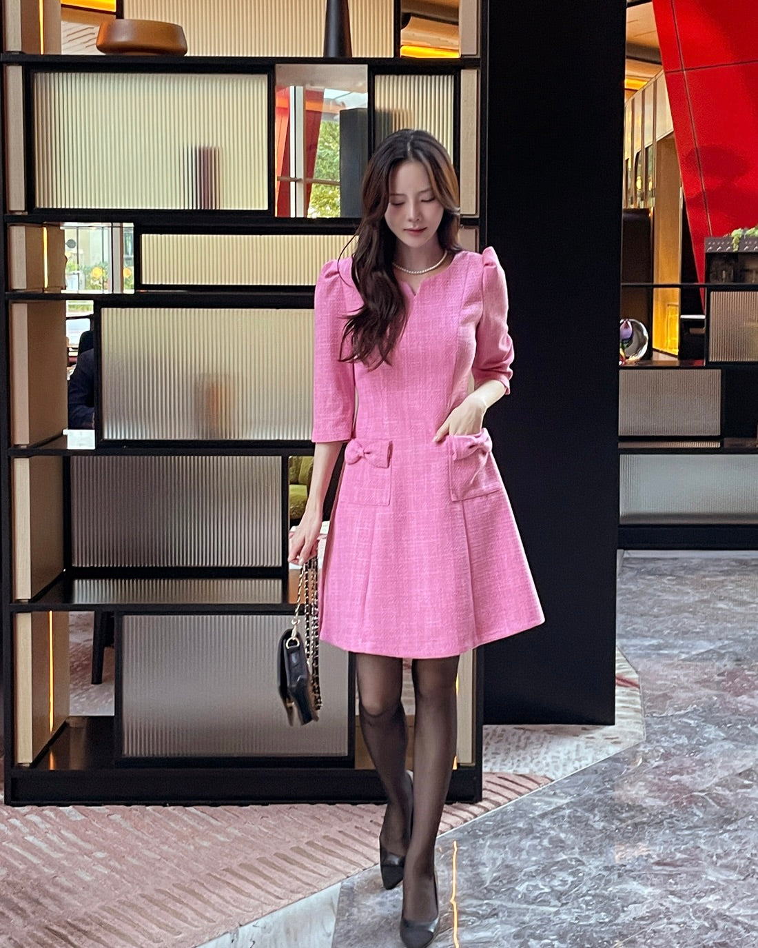 NK445 中袖蝴蝶結粗花連身裙