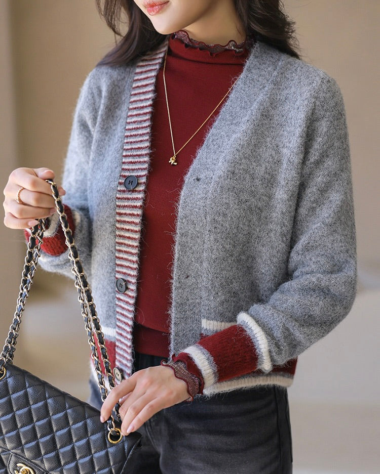 NK275 羊毛混紡拼色針織外套