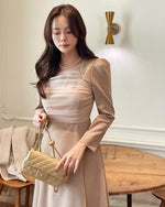 NK446 方領拼紗連身裙