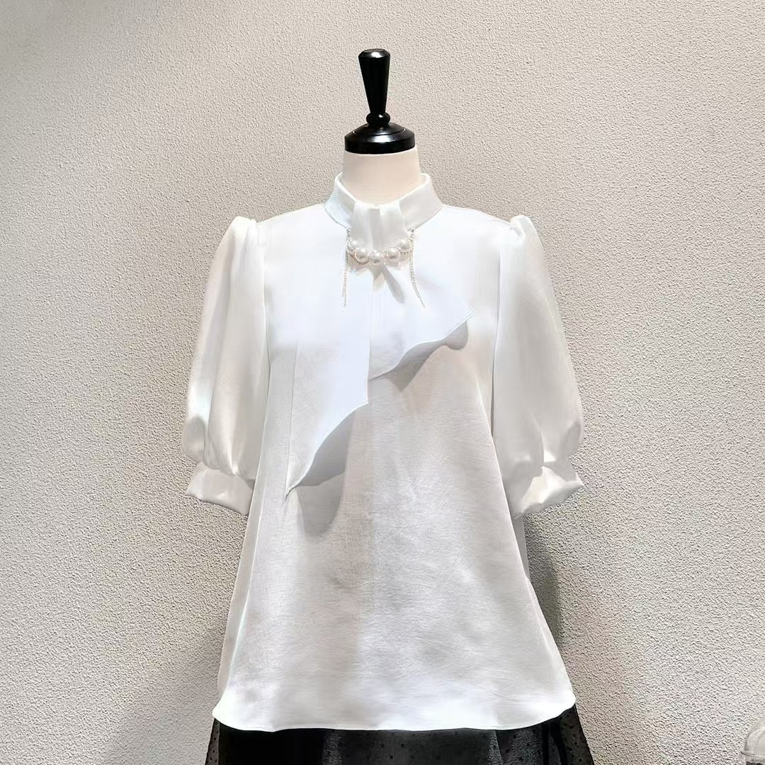 NK093B 珍珠企領珠光短袖上衣