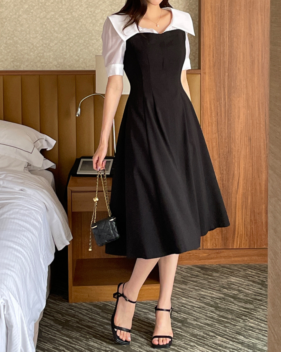 NK538 大翻領拼接修身連衣裙