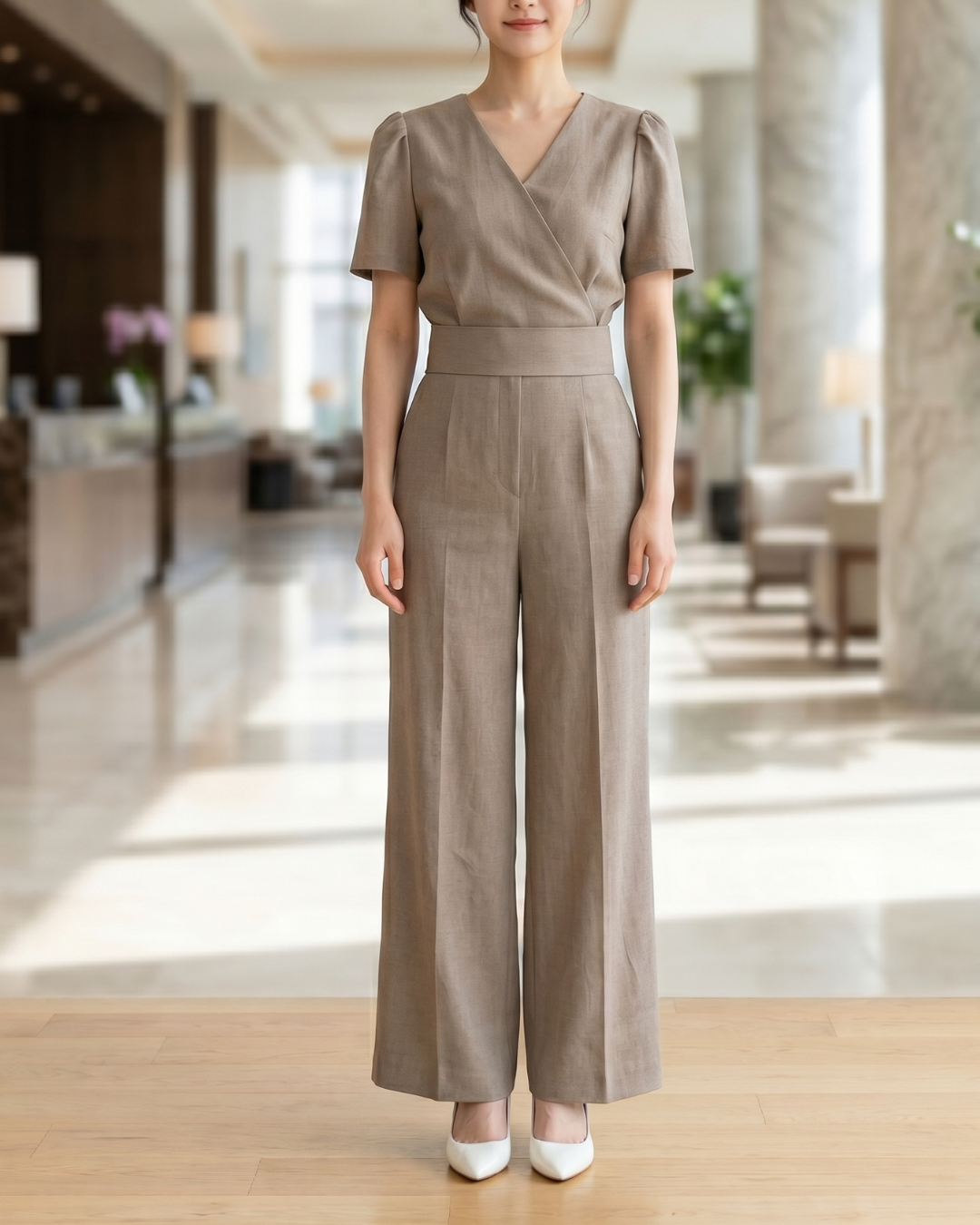 NK552 V領綁帶高腰褲套裝