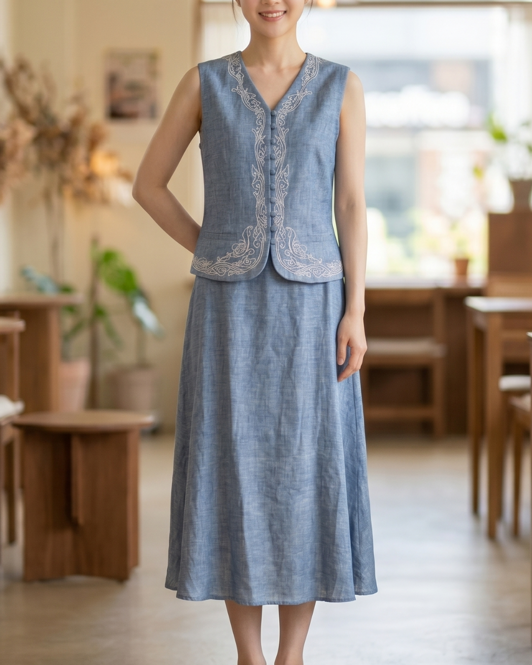 NK561 刺繡邊背心裙套裝