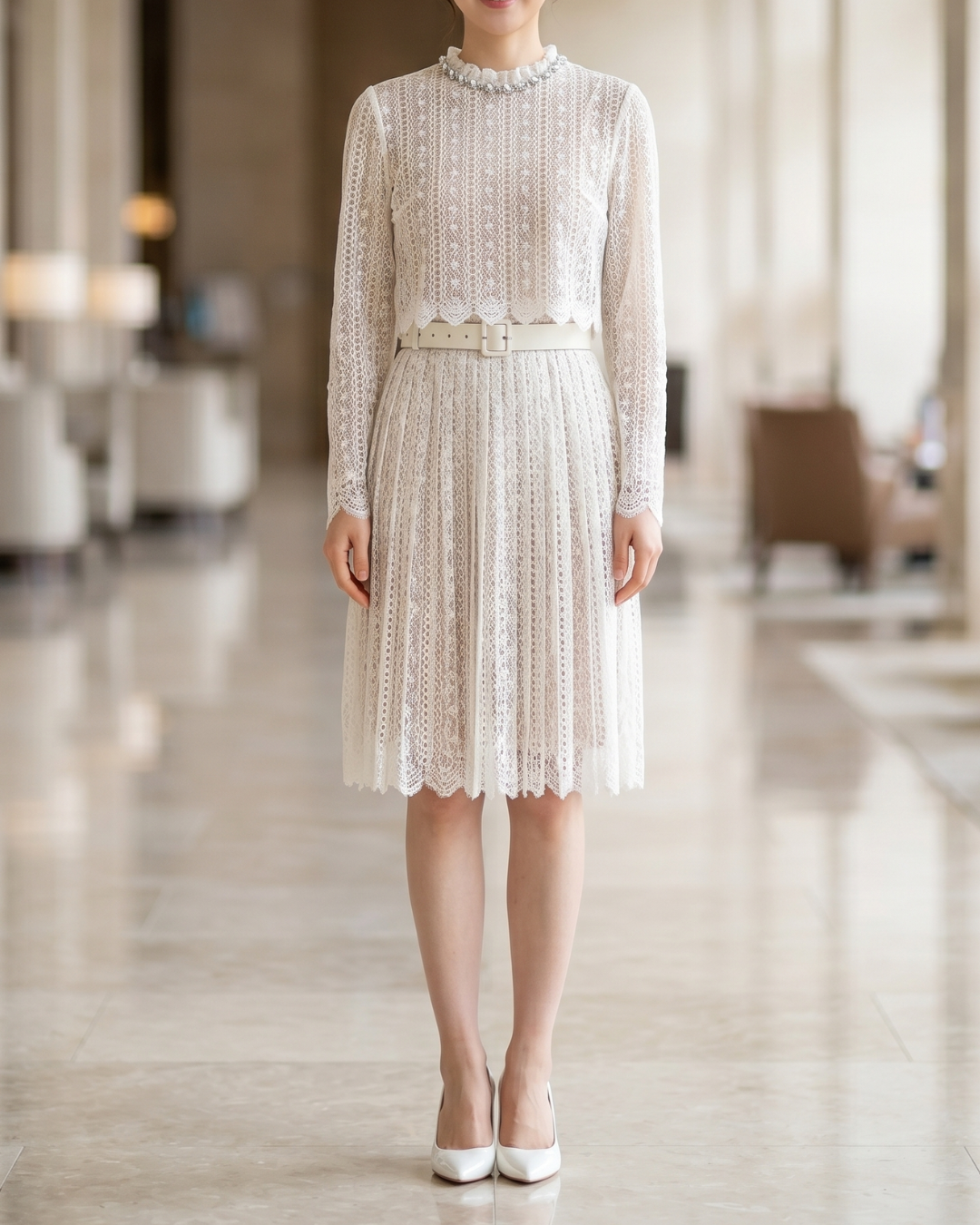 NK558 緹花蕾絲修身連衣裙(連腰帶)