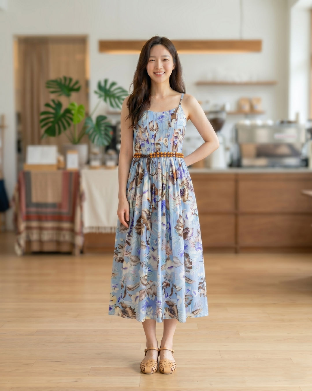 NK500 吊帶修腰連身花裙(連特色腰帶)