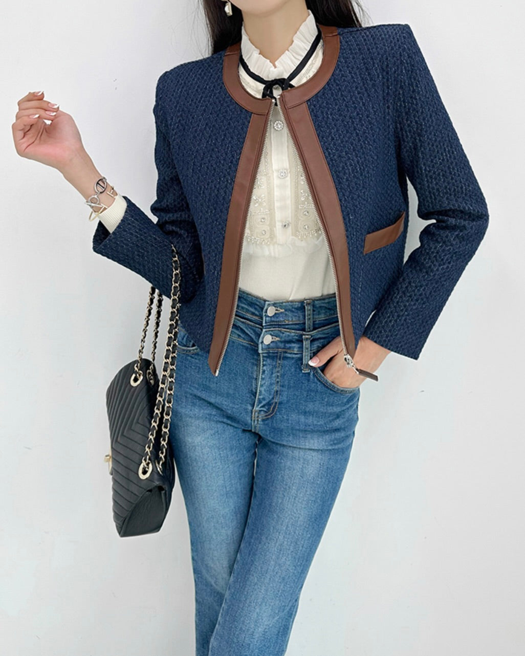 NK292 針織拼皮革正肩夾克