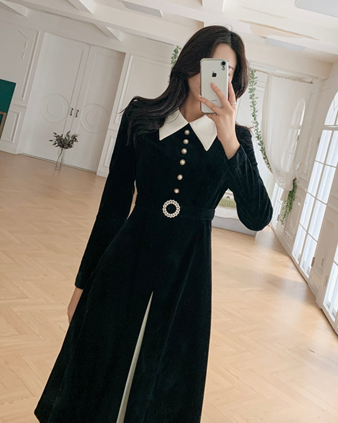 NK300 絲絨珍珠連身裙