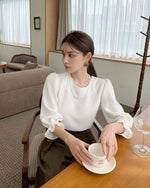 NK293 珍珠褶疊中袖上衣