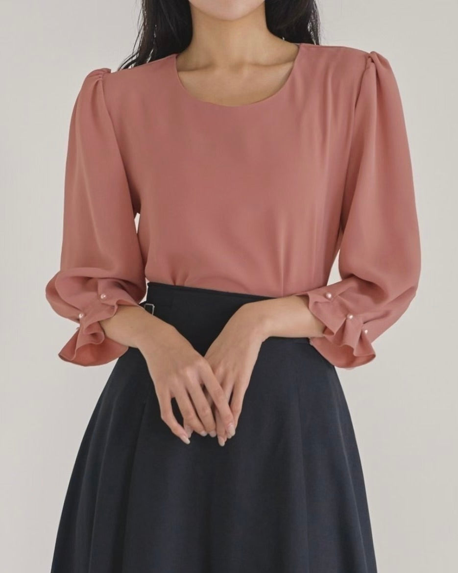 NK293 珍珠褶疊中袖上衣