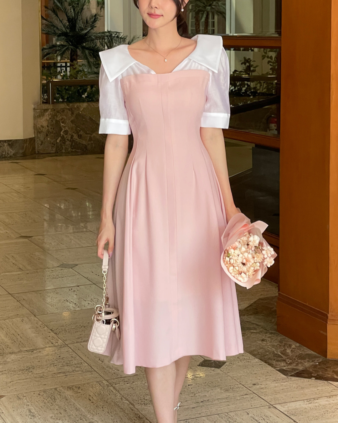 NK538 大翻領拼接修身連衣裙