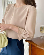 NK293 珍珠褶疊中袖上衣