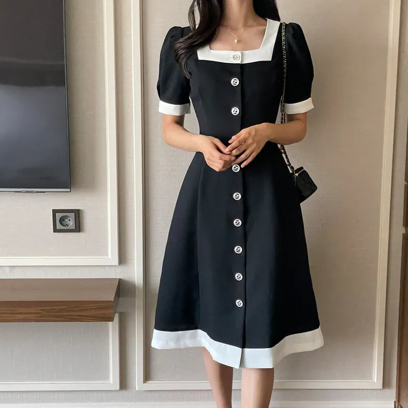 NH563 square neck puff sleeve dress