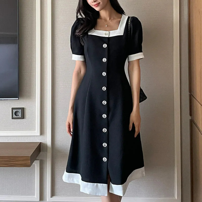 NH563 square neck puff sleeve dress