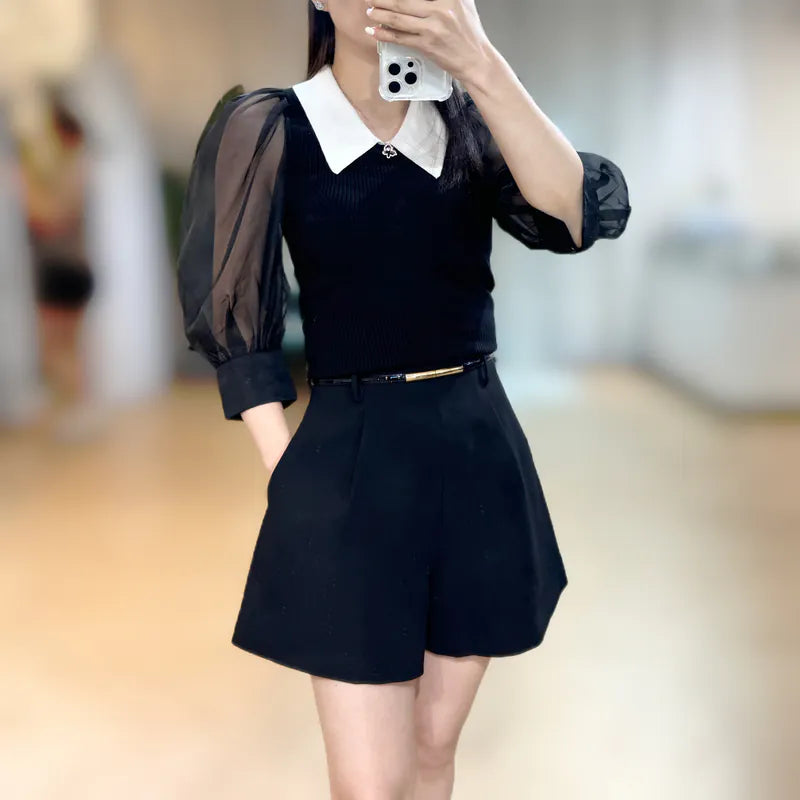 NH591 mesh princess sleeve knitted top