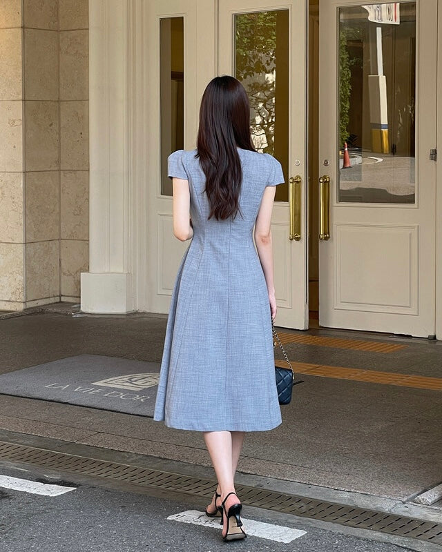 NK207 孖襟V領連身裙