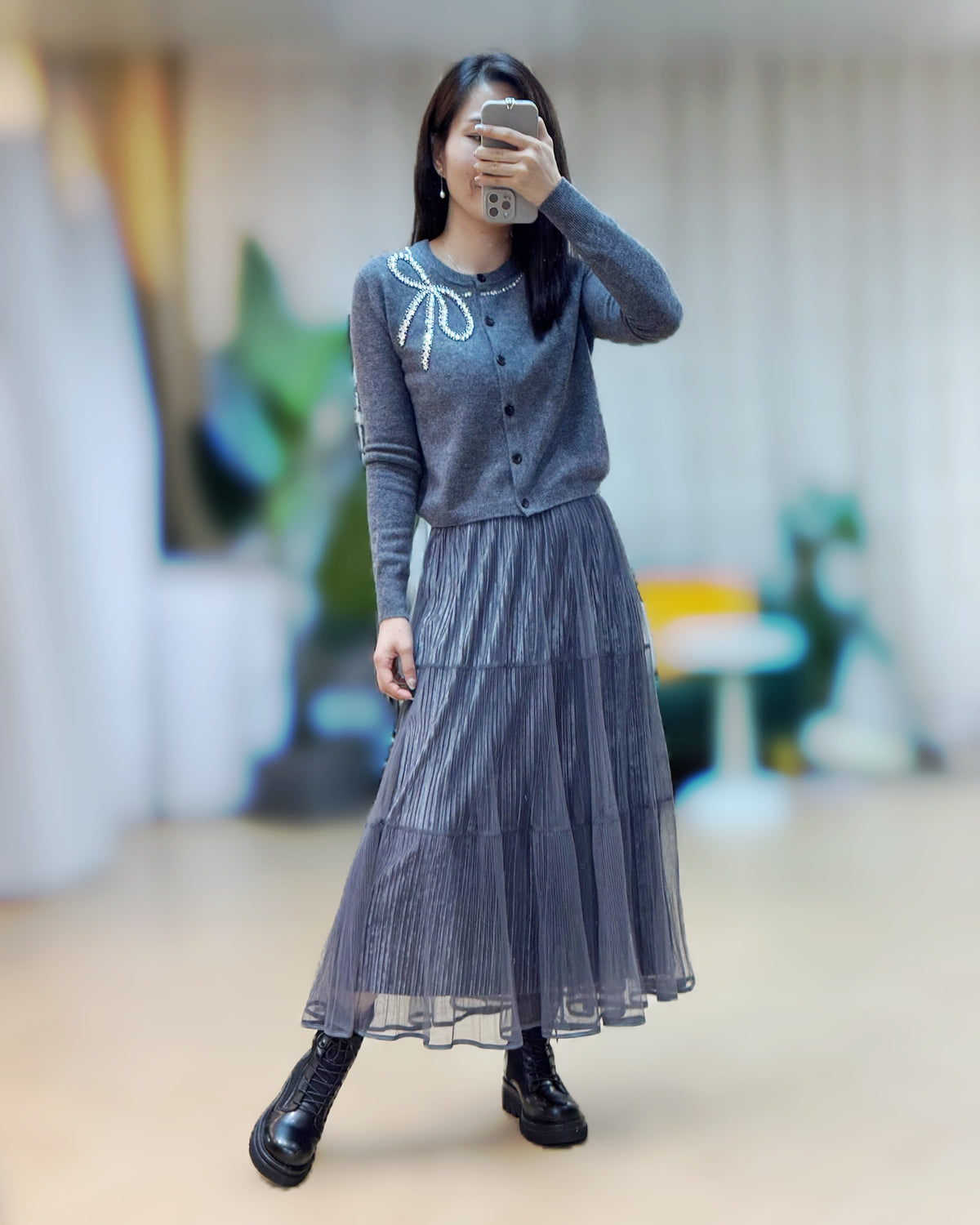 NK316 水晶蝴蝶結羊毛針織輕紗套裙