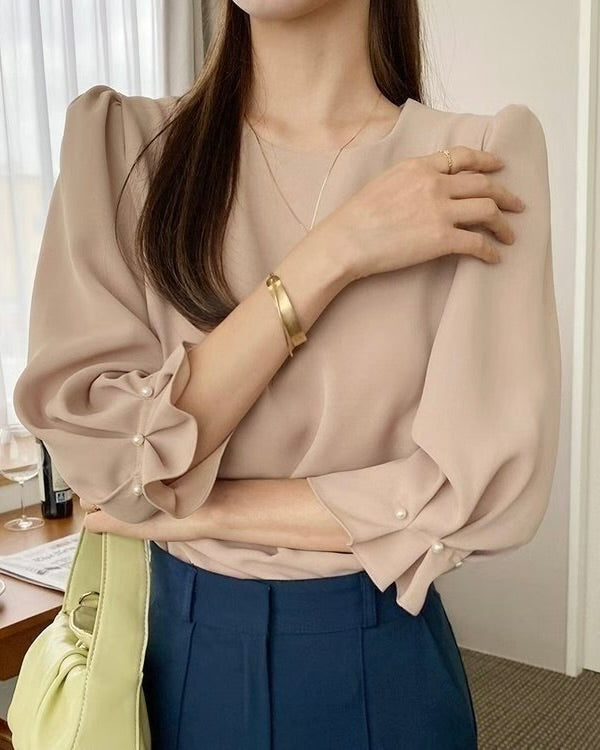 NK293 珍珠褶疊中袖上衣