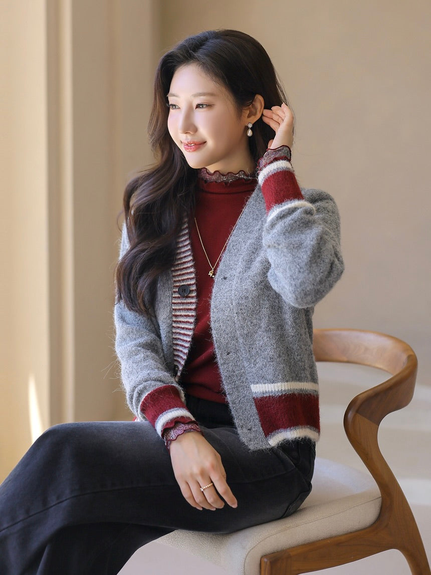 NK275 羊毛混紡拼色針織外套